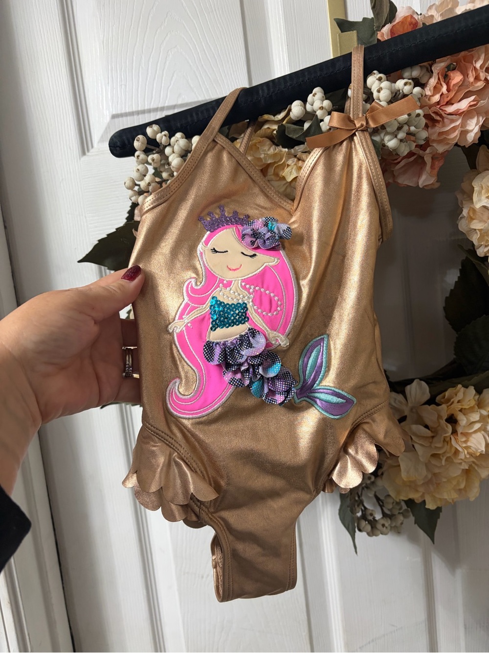 Flapdoodles Gold Swimsuit with Pink Mermaid Appliqué